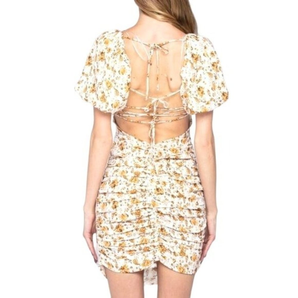 Skylar + Madison Floral Puff Sleeve Strappy Back Mini Dress Ivory Size Small NWT - Picture 2 of 4